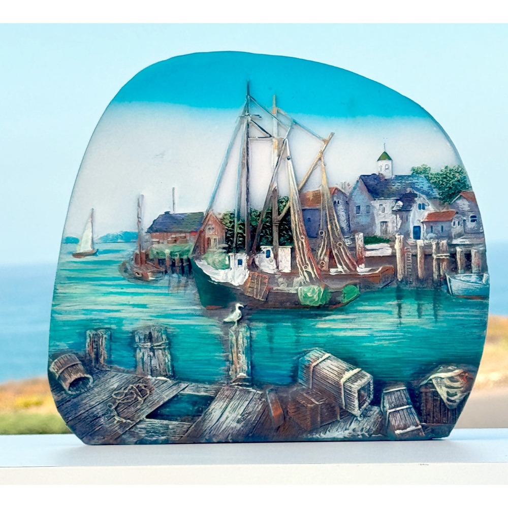 Coastal Harbor Scene Resin Vase Unisex Small Blue Nautical Village Boat Decor